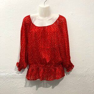 NWT Lush Top Blouse Red Floral 3/4 Sleeve Semi sheer Elastic waist Ruffle M